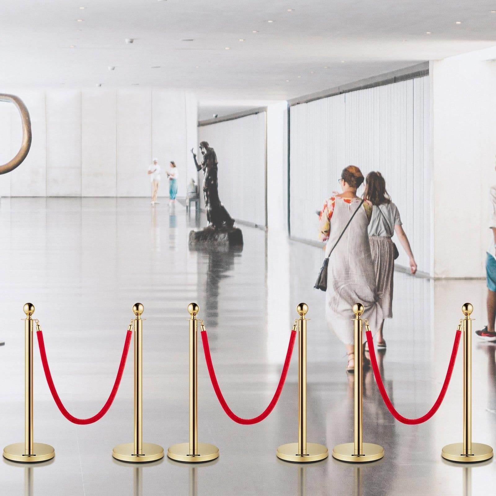 image-VEVOR Velvet Ropes and Posts, 5 ft/1.5 m Red Rope, Stainless Steel Gold Stanchion with Ball Top, Red Crowd Control Barrier Used for Theaters, Party, Wedding, Exhibition, Ticket Offices Pack Sets (6)