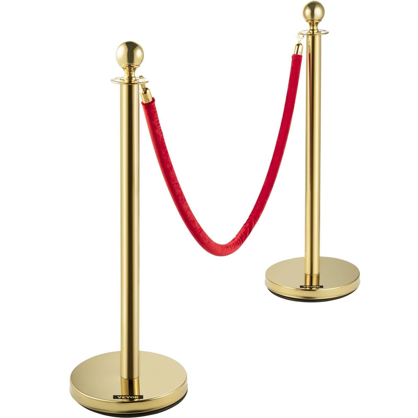 image-VEVOR Velvet Ropes and Posts, 5 ft/1.5 m Red Rope, Stainless Steel Gold Stanchion with Ball Top, Red Crowd Control Barrier Used for Theaters, Party, Wedding, Exhibition, Ticket Offices Pack Sets (6)