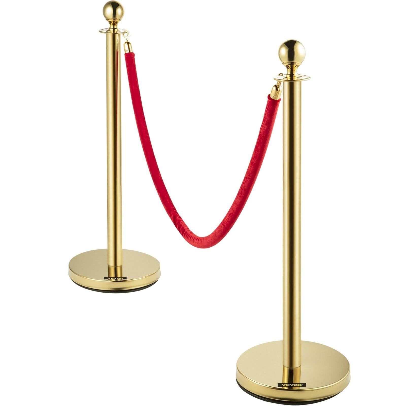 image-VEVOR Velvet Ropes and Posts, 5 ft/1.5 m Red Rope, Stainless Steel Gold Stanchion with Ball Top, Red Crowd Control Barrier Used for Theaters, Party, Wedding, Exhibition, Ticket Offices Pack Sets (6)
