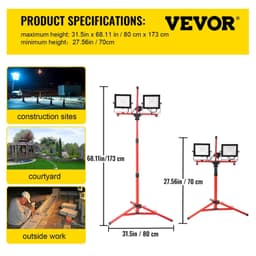 image-VEVOR LED Work Light with Stand, 2PCS 10000 Lumen Dual-head LED Work Light with 27.6"-68.1" Adjustable and Foldable Tripod Stand, IP65 Waterproofed LED Tripod Work Light, with 5000 K Color Temperatu