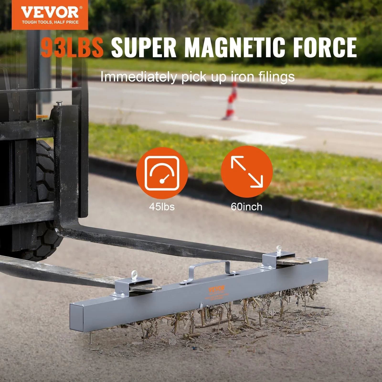 image-VEVOR 93 lbs Hanging Magnetic Sweeper Pickup Tool, Nail Hang-Type Magnetic Forklift Sweeper, Industrial-Grade Magnets Steel Material Hunting Accessories for Picking Up Nails Bolts Metals Iron Chips