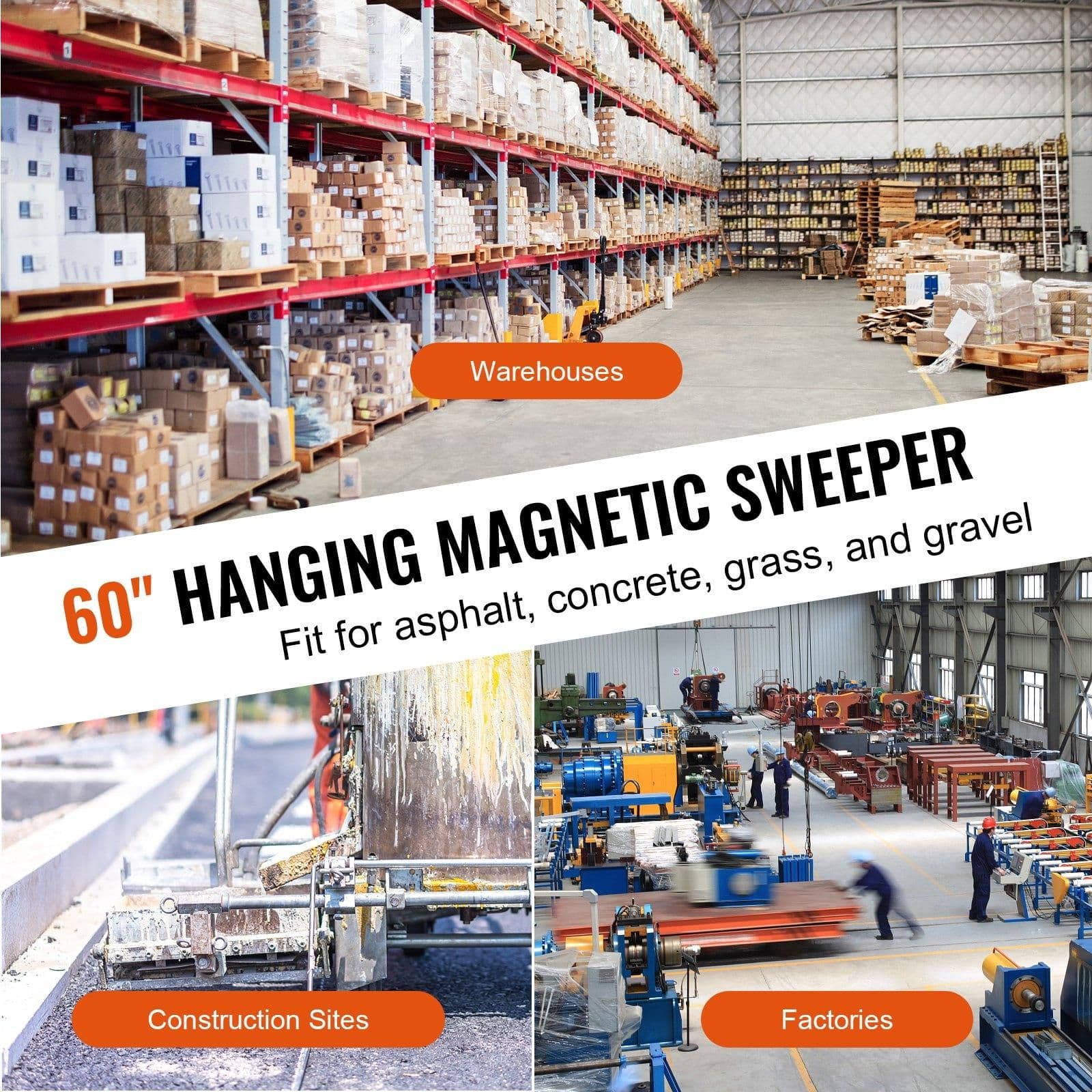 image-VEVOR 93 lbs Hanging Magnetic Sweeper Pickup Tool, Nail Hang-Type Magnetic Forklift Sweeper, Industrial-Grade Magnets Steel Material Hunting Accessories for Picking Up Nails Bolts Metals Iron Chips
