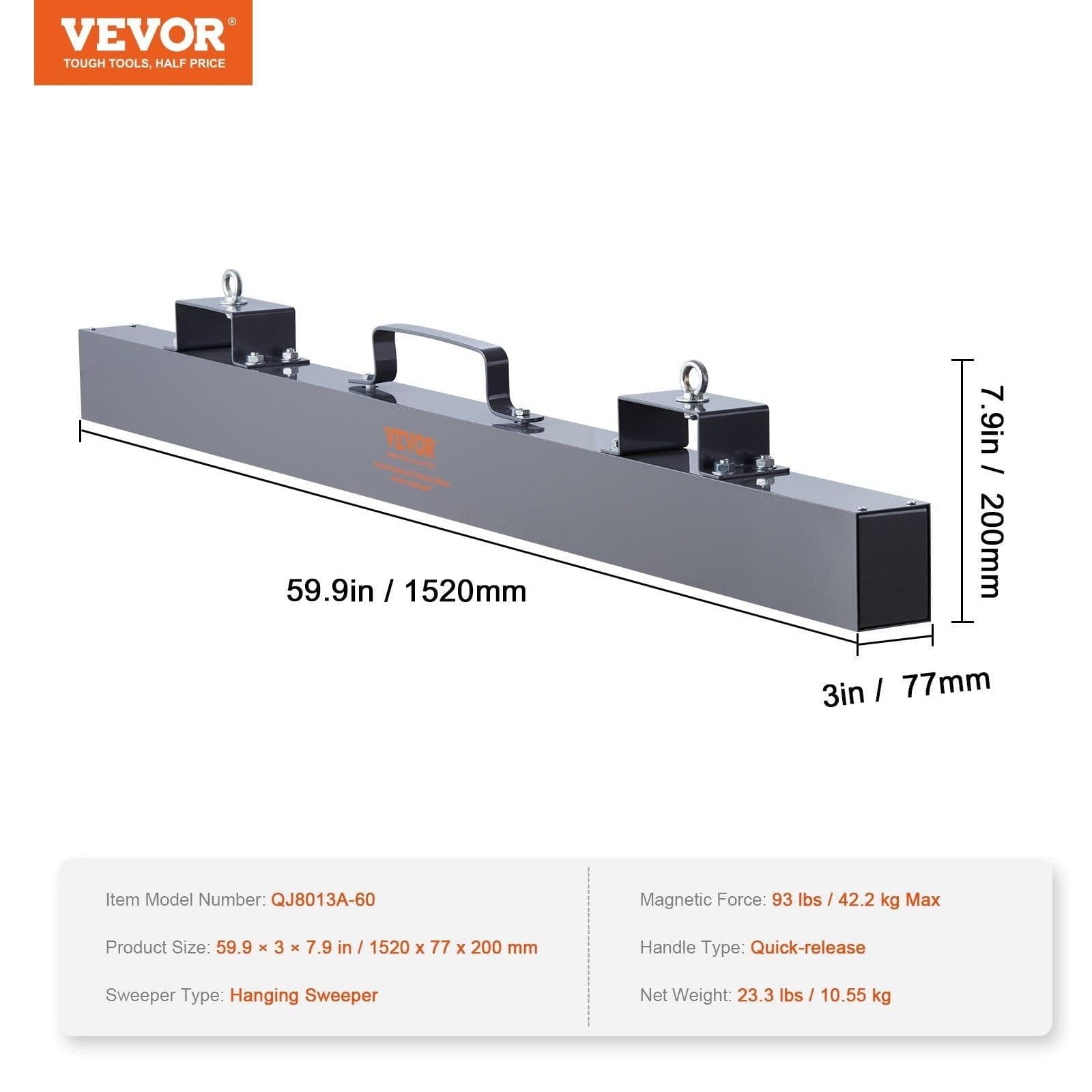 image-VEVOR 93 lbs Hanging Magnetic Sweeper Pickup Tool, Nail Hang-Type Magnetic Forklift Sweeper, Industrial-Grade Magnets Steel Material Hunting Accessories for Picking Up Nails Bolts Metals Iron Chips