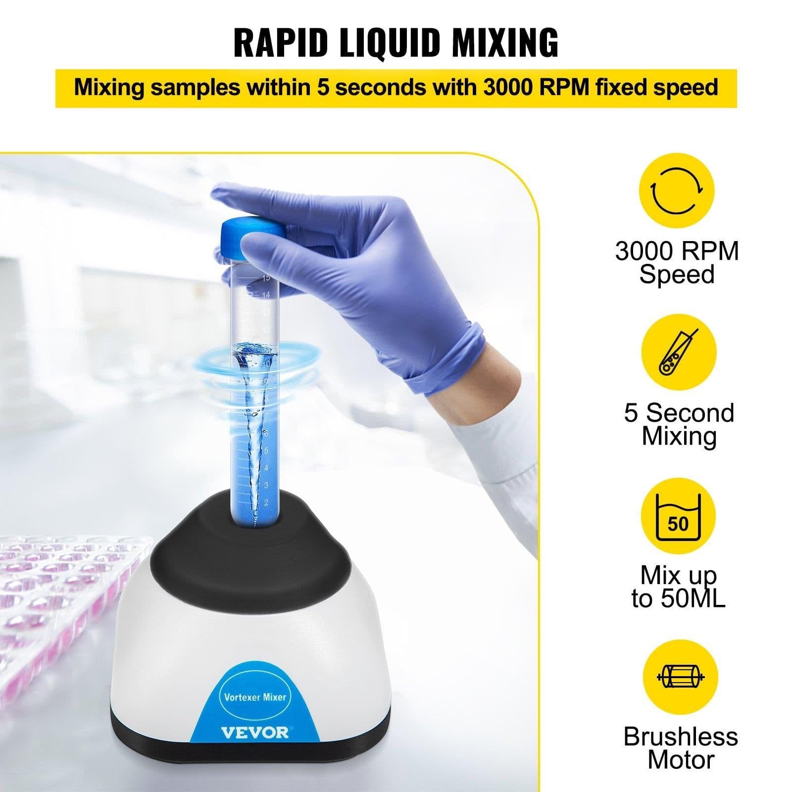 image-VEVOR Vortex Mixer, 3000RPM Mini Vortex Mixer Shaker, Touch Function Scientific Lab Vortex Shaker, Mix Up to 50ML, 6mm Orbital Diameter for Test Tube, Tattoo Ink, Nail Polish, Eyelash Adhesives, Paint