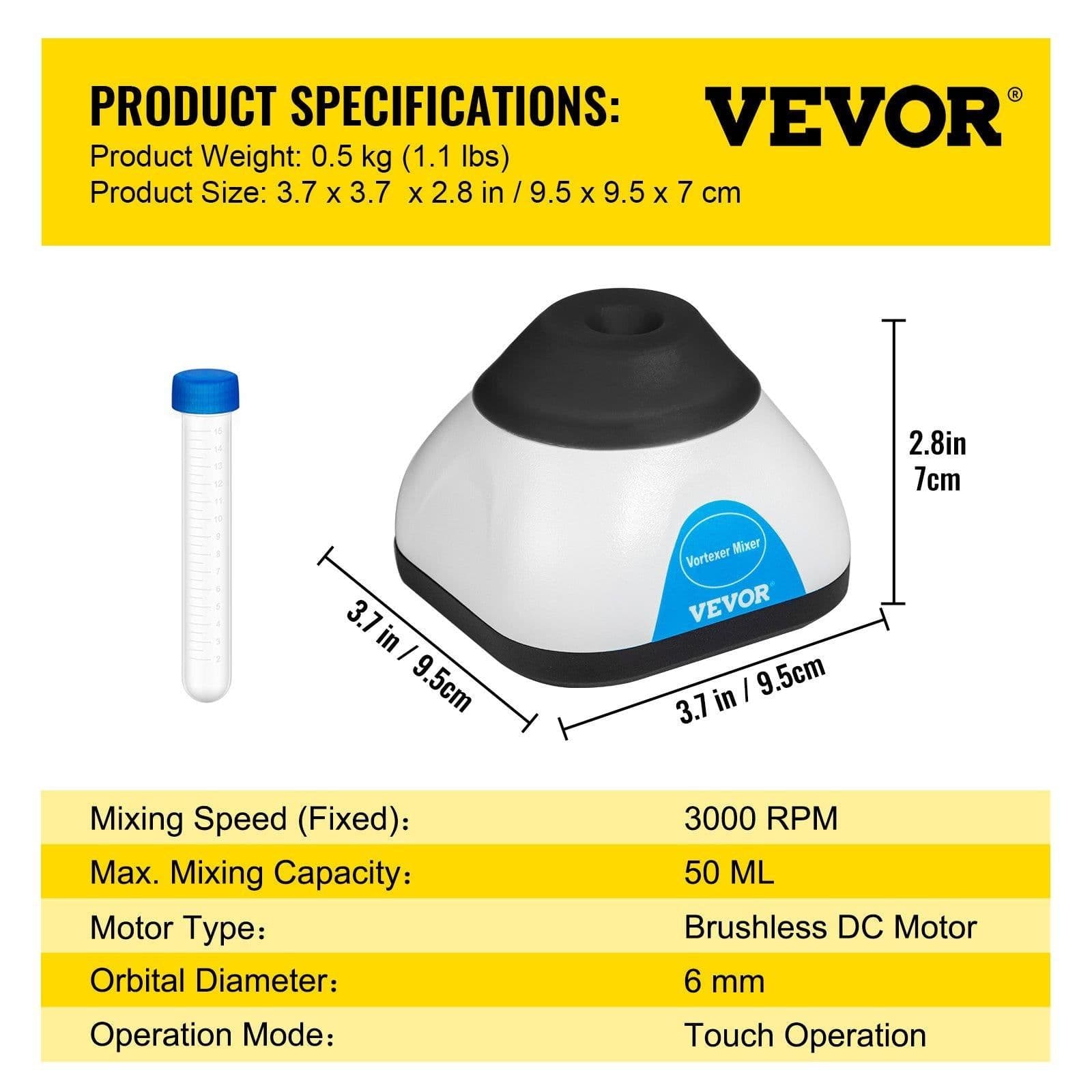 image-VEVOR Vortex Mixer, 3000RPM Mini Vortex Mixer Shaker, Touch Function Scientific Lab Vortex Shaker, Mix Up to 50ML, 6mm Orbital Diameter for Test Tube, Tattoo Ink, Nail Polish, Eyelash Adhesives, Paint