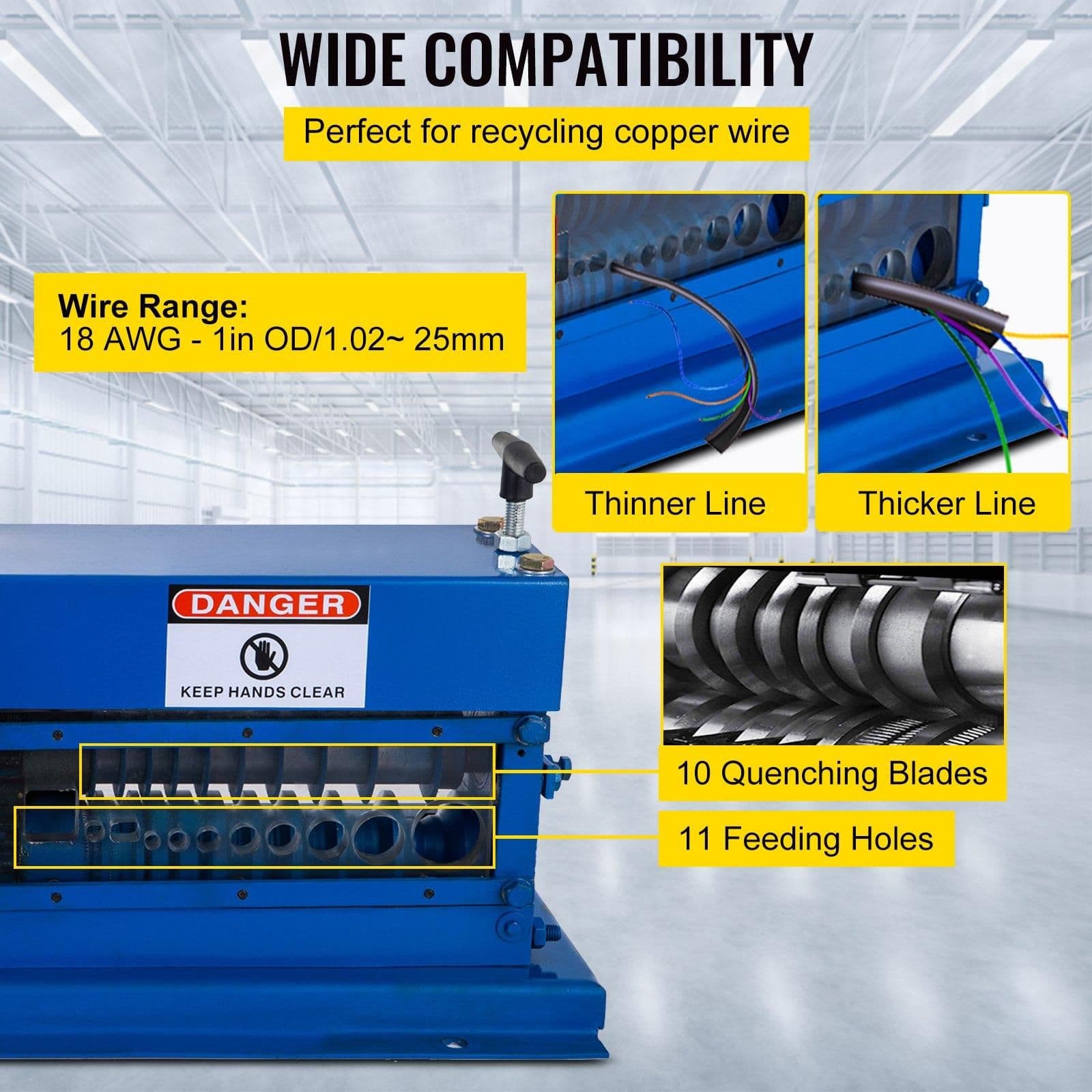 image-VEVOR Portable Wire Stripper, 18 AWG to 1" OD, 11 Channels, 10 Blades, Electric Machine for Efficient Copper Recycling, Speeds Up to 75ft/min