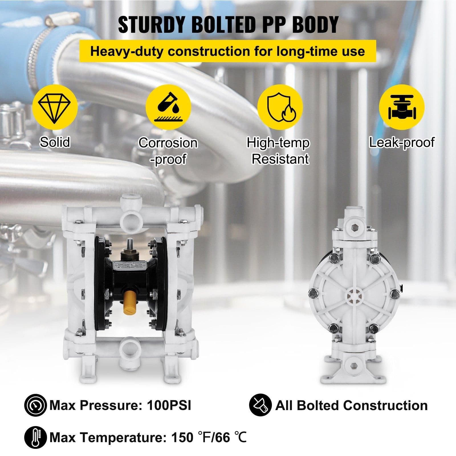 image-VEVOR Air-Operated Double Diaphragm Pump, 1/2 in Inlet & Outlet, Polypropylene Body, 2.5 GPM & Max 80PSI, PTFE Diaphragm Pneumatic Transfer Pump for Petroleum, Diesel, Oil & Low Viscosity Fluids