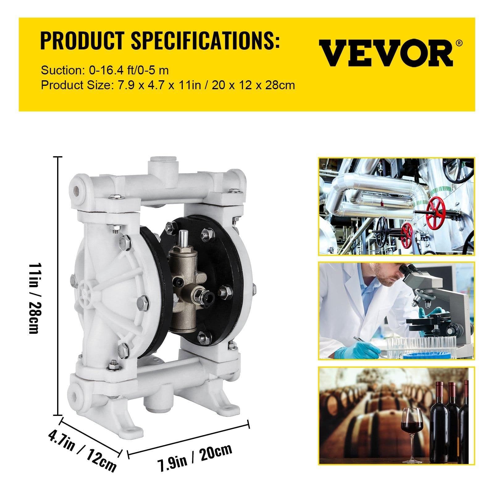 image-VEVOR Air-Operated Double Diaphragm Pump, 1/2 in Inlet & Outlet, Polypropylene Body, 2.5 GPM & Max 80PSI, PTFE Diaphragm Pneumatic Transfer Pump for Petroleum, Diesel, Oil & Low Viscosity Fluids
