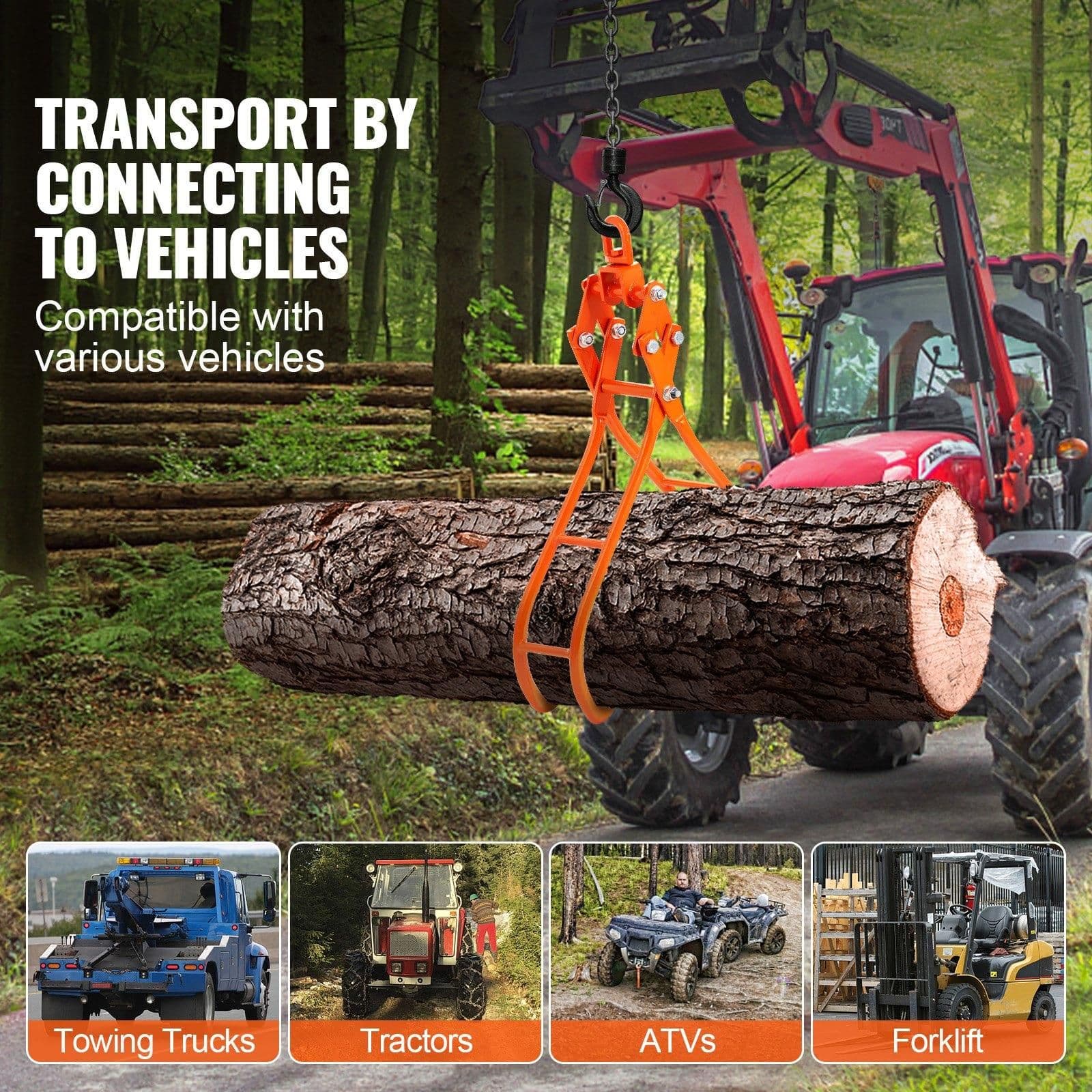image-VEVOR Timber Claw Hook, 28 inch 4 Claw Log Grapple for Logging Tongs, Swivel Steel Log Lifting Tongs, Eagle Claws Design with 2205 lbs/1000 kg Loading Capacity for Tractors, ATVs, Trucks, Forklifts
