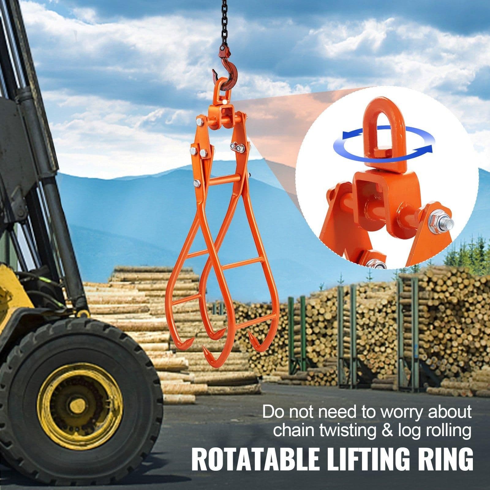 image-VEVOR Timber Claw Hook, 28 inch 4 Claw Log Grapple for Logging Tongs, Swivel Steel Log Lifting Tongs, Eagle Claws Design with 2205 lbs/1000 kg Loading Capacity for Tractors, ATVs, Trucks, Forklifts