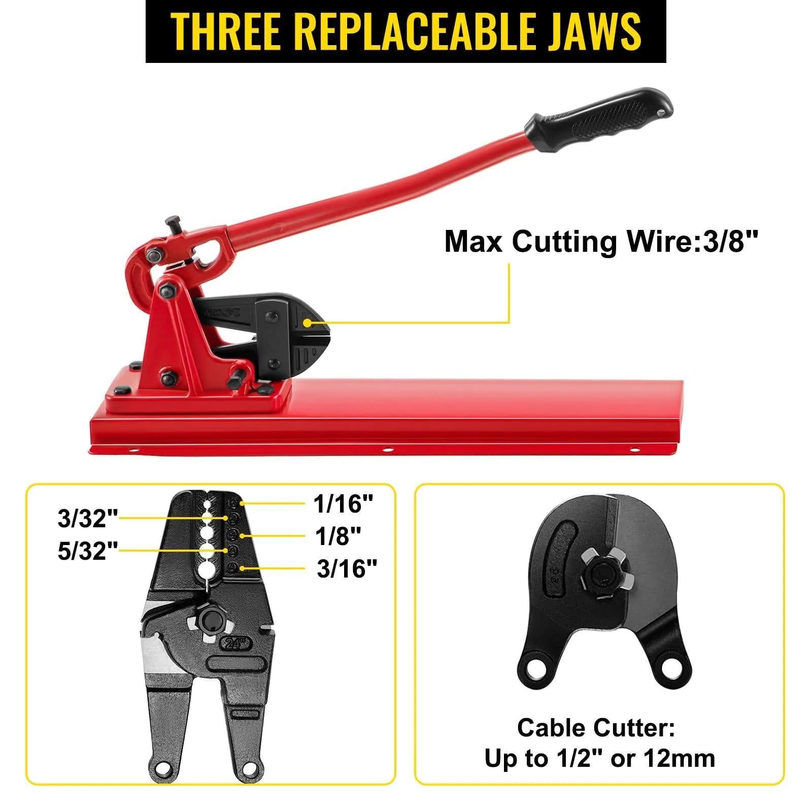 image-VEVOR Bench Swager Tool 24" Wire Rope Swaging Tool with Crimper Cable Bolt Cutter Head Bench Crimper 1/16"-3/16" Aluminum/Copper Sleeves Bench Cable Alloy Steel Crimper Swager for1/2" Wire Rope Fe