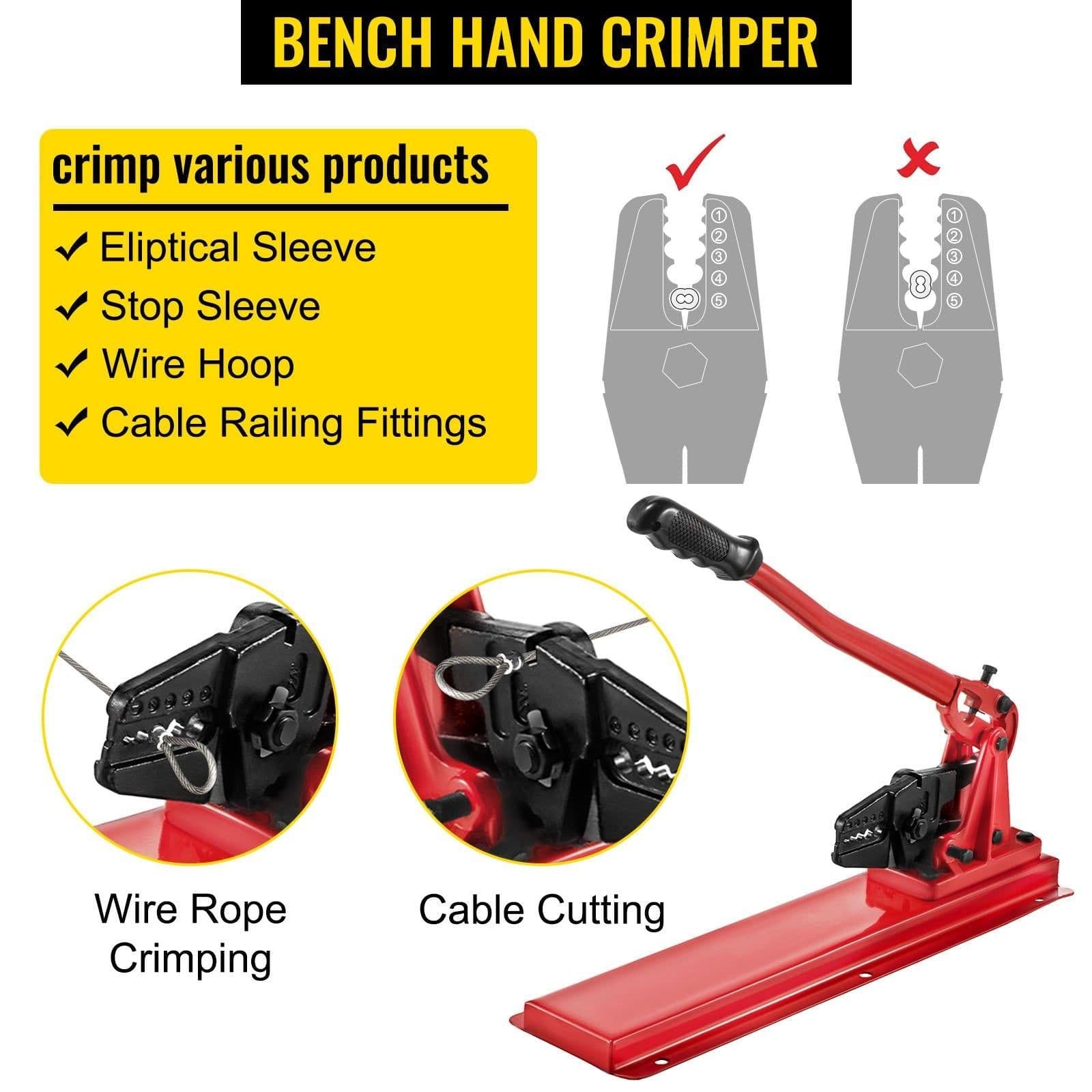 image-VEVOR Bench Swager Tool 24" Wire Rope Swaging Tool with Crimper Cable Bolt Cutter Head Bench Crimper 1/16"-3/16" Aluminum/Copper Sleeves Bench Cable Alloy Steel Crimper Swager for1/2" Wire Rope Fe