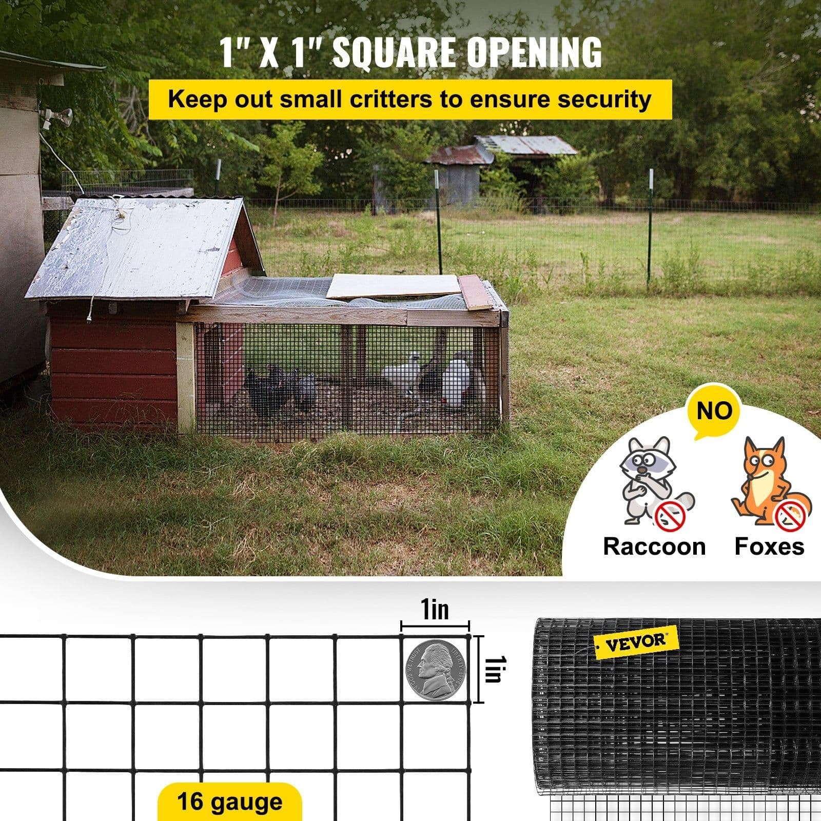 image-VEVOR Hardware Cloth, 48" x 50' & 1"x1" Mesh Size, Galvanized Steel Vinyl Coated 16 Gauge Chicken Wire Fencing with A Cutting Plier & A Pair of Fabric Gloves, for Garden Fencing & Pet Enclosures,
