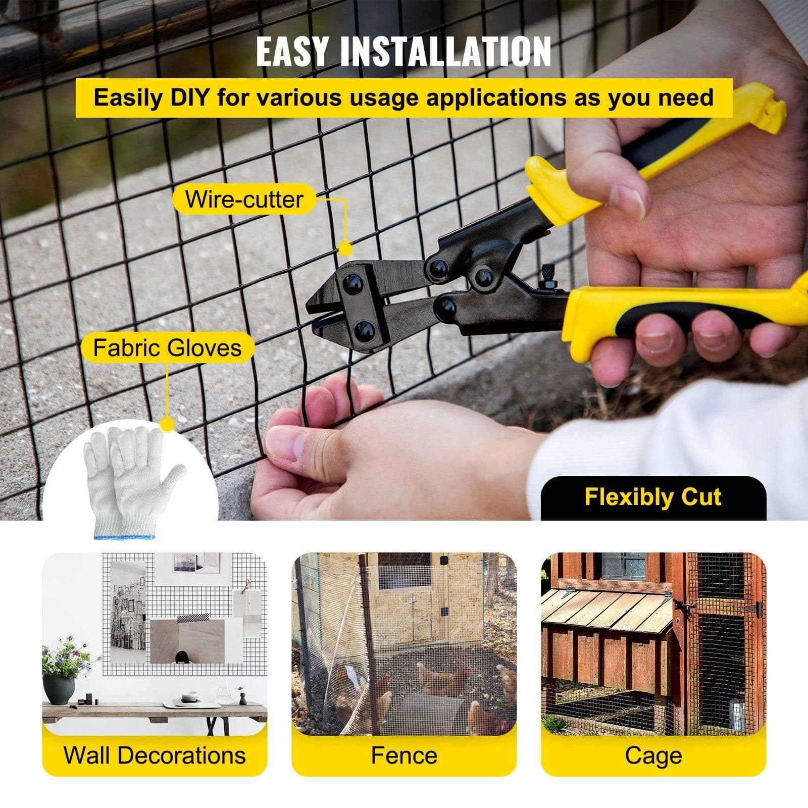 image-VEVOR Hardware Cloth, 48" x 50' & 1"x1" Mesh Size, Galvanized Steel Vinyl Coated 16 Gauge Chicken Wire Fencing with A Cutting Plier & A Pair of Fabric Gloves, for Garden Fencing & Pet Enclosures,