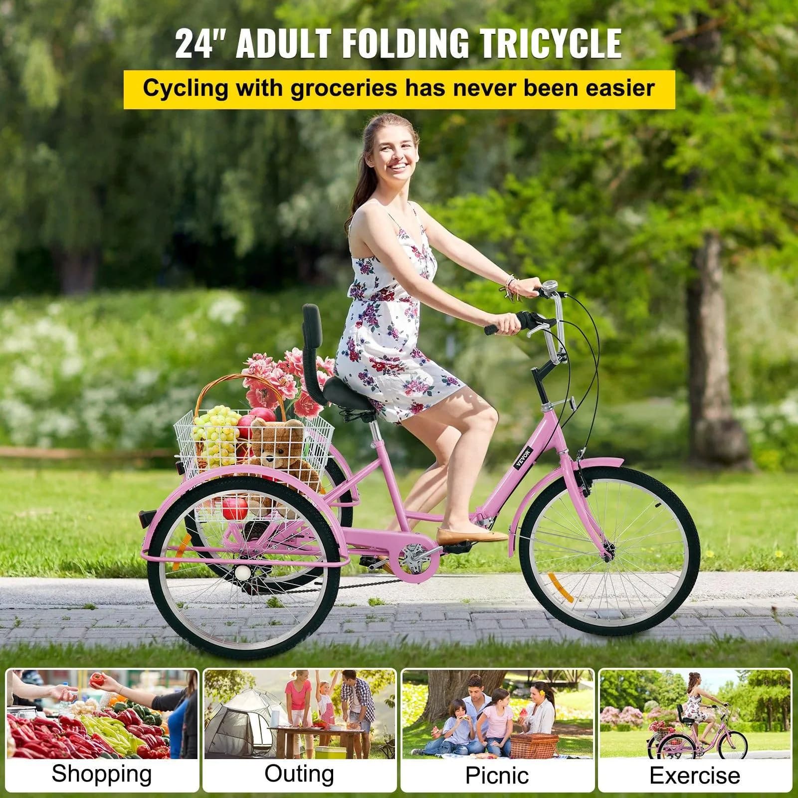 image-VEVOR Tricycle Adult 24’’ Wheels Adult Tricycle 7-Speed 3 Wheel Bikes For Adults Three Wheel Bike For Adults Adult Trike Adult Folding Tricycle Foldable Adult Tricycle 3 Wheel Bike Trike Foldable Pink