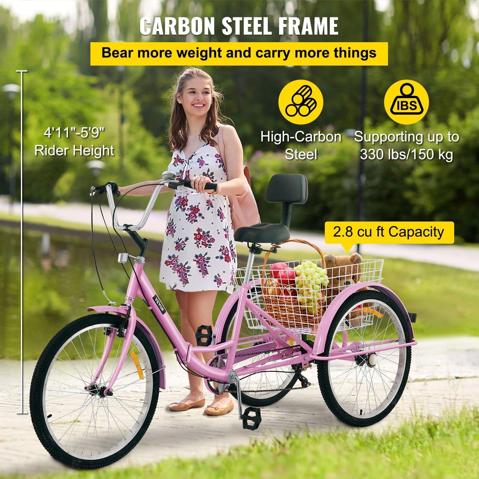 image-VEVOR Tricycle Adult 24’’ Wheels Adult Tricycle 7-Speed 3 Wheel Bikes For Adults Three Wheel Bike For Adults Adult Trike Adult Folding Tricycle Foldable Adult Tricycle 3 Wheel Bike Trike Foldable Pink