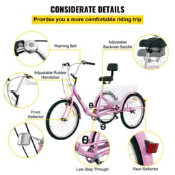 image-VEVOR Tricycle Adult 24’’ Wheels Adult Tricycle 7-Speed 3 Wheel Bikes For Adults Three Wheel Bike For Adults Adult Trike Adult Folding Tricycle Foldable Adult Tricycle 3 Wheel Bike Trike Foldable Pink