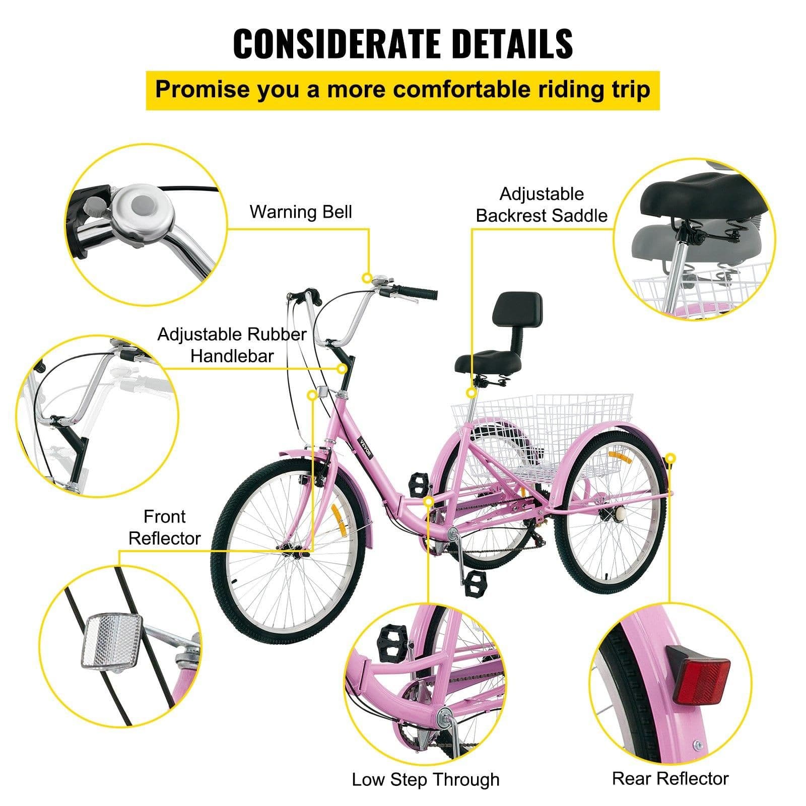 image-VEVOR Tricycle Adult 24’’ Wheels Adult Tricycle 7-Speed 3 Wheel Bikes For Adults Three Wheel Bike For Adults Adult Trike Adult Folding Tricycle Foldable Adult Tricycle 3 Wheel Bike Trike Foldable Pink
