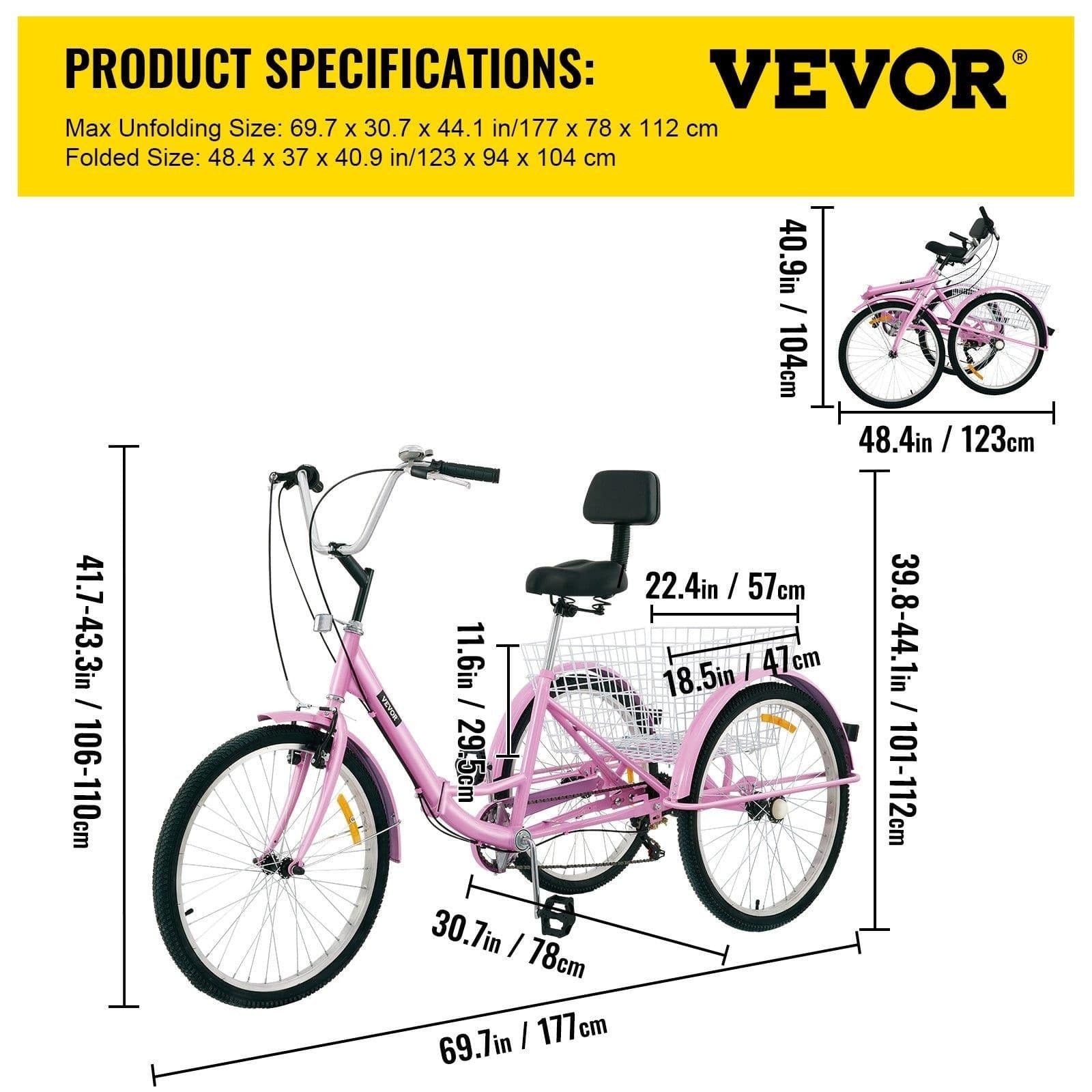image-VEVOR Tricycle Adult 24’’ Wheels Adult Tricycle 7-Speed 3 Wheel Bikes For Adults Three Wheel Bike For Adults Adult Trike Adult Folding Tricycle Foldable Adult Tricycle 3 Wheel Bike Trike Foldable Pink