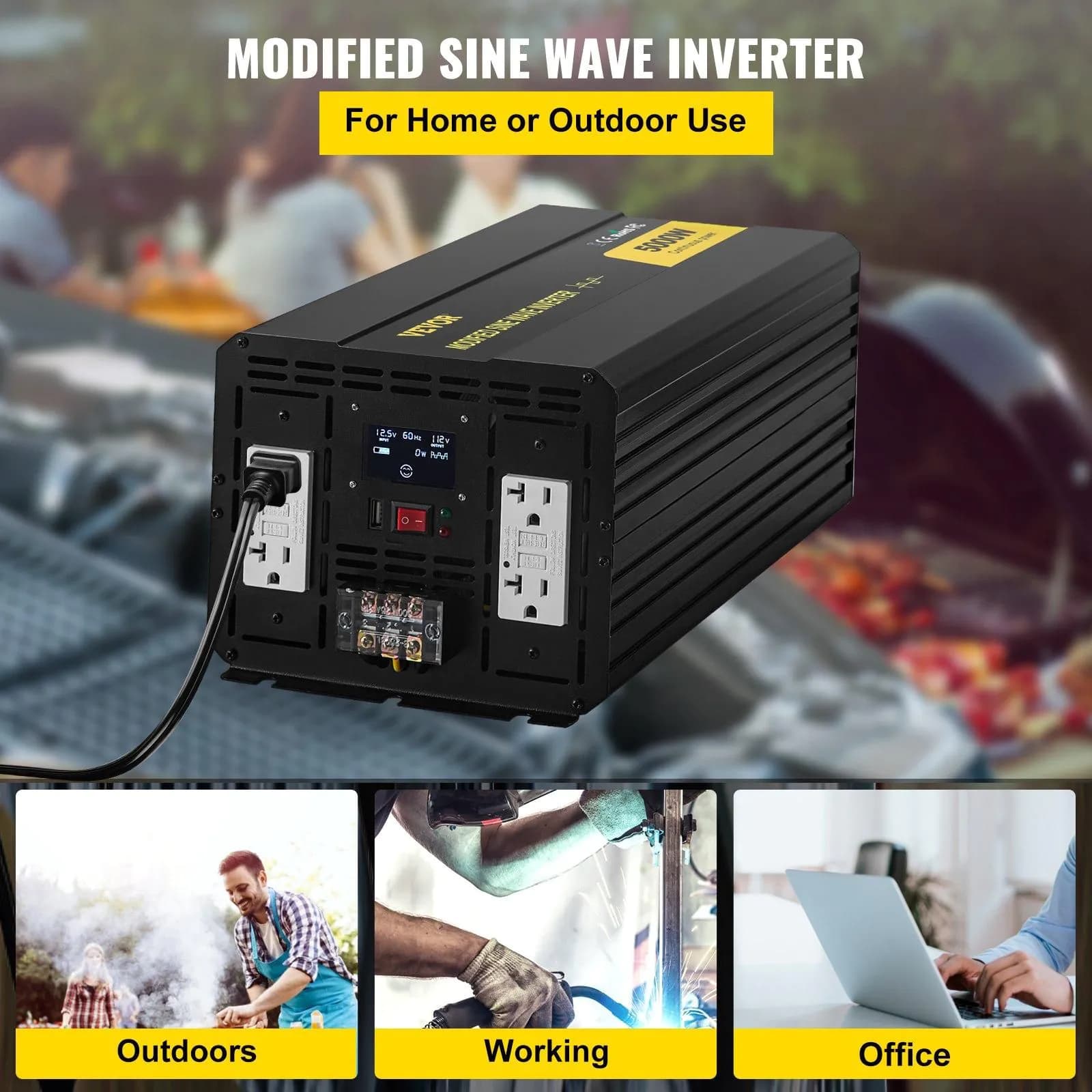 image-VEVOR Energy Converter, 5000W Modified Wave Transformer, 12V DC to 110V AC Vehicle Adapter, featuring LCD Screen, Remote Control, LED Light, and GFCI Sockets for RVs, Trucks, Boats, and Outdoor Adv