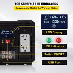 image-VEVOR Energy Converter, 5000W Modified Wave Transformer, 12V DC to 110V AC Vehicle Adapter, featuring LCD Screen, Remote Control, LED Light, and GFCI Sockets for RVs, Trucks, Boats, and Outdoor Adv