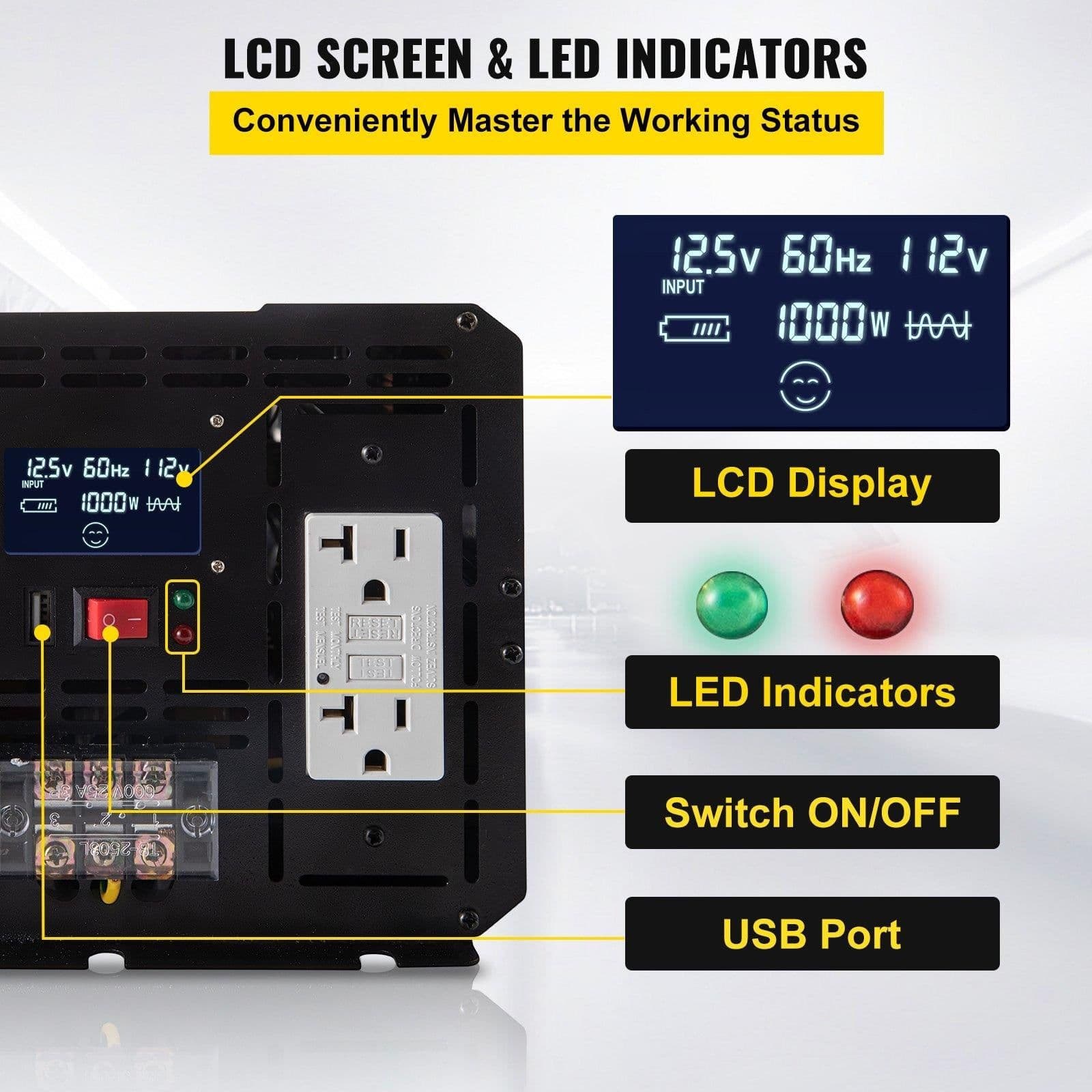image-VEVOR Energy Converter, 5000W Modified Wave Transformer, 12V DC to 110V AC Vehicle Adapter, featuring LCD Screen, Remote Control, LED Light, and GFCI Sockets for RVs, Trucks, Boats, and Outdoor Adv