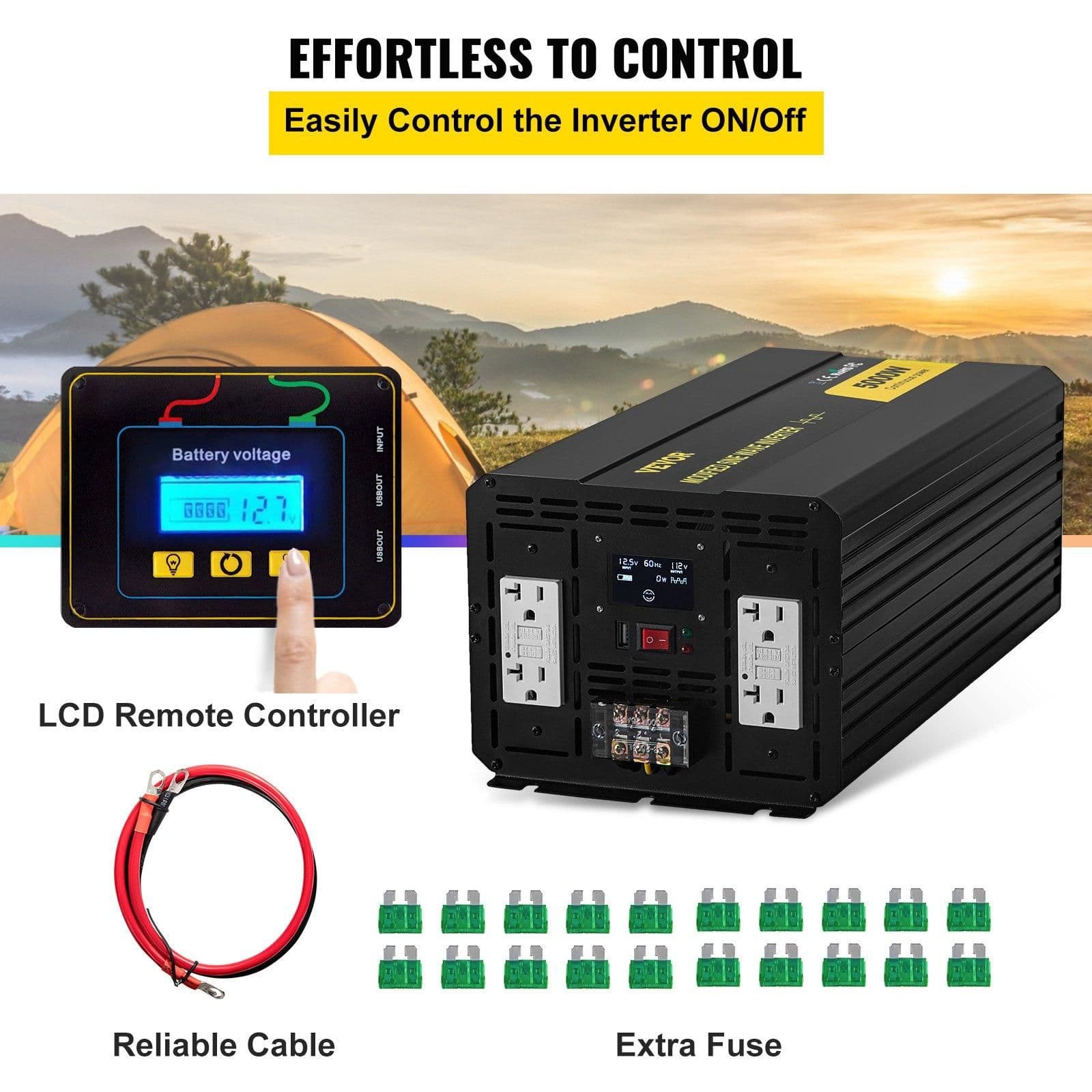 image-VEVOR Energy Converter, 5000W Modified Wave Transformer, 12V DC to 110V AC Vehicle Adapter, featuring LCD Screen, Remote Control, LED Light, and GFCI Sockets for RVs, Trucks, Boats, and Outdoor Adv