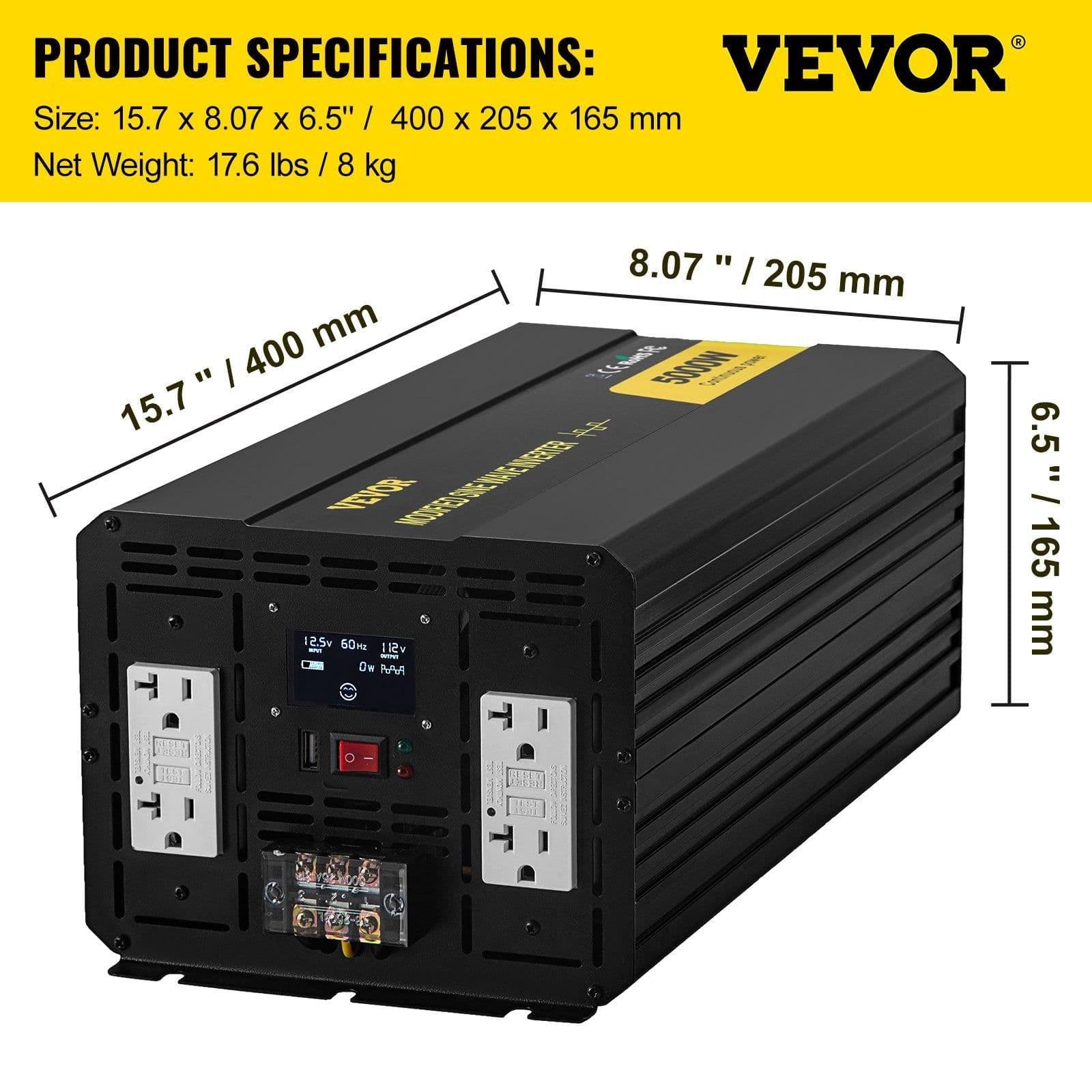 image-VEVOR Energy Converter, 5000W Modified Wave Transformer, 12V DC to 110V AC Vehicle Adapter, featuring LCD Screen, Remote Control, LED Light, and GFCI Sockets for RVs, Trucks, Boats, and Outdoor Adv