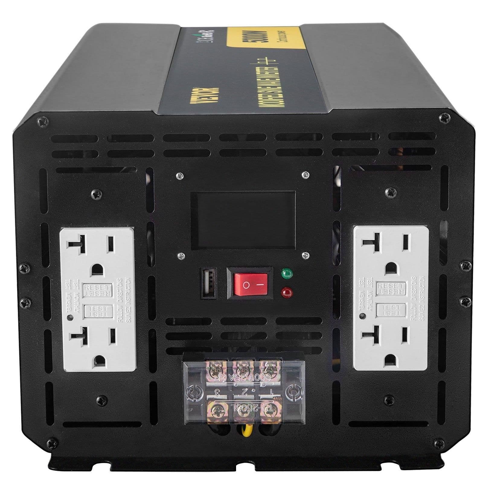 image-VEVOR Energy Converter, 5000W Modified Wave Transformer, 12V DC to 110V AC Vehicle Adapter, featuring LCD Screen, Remote Control, LED Light, and GFCI Sockets for RVs, Trucks, Boats, and Outdoor Adv