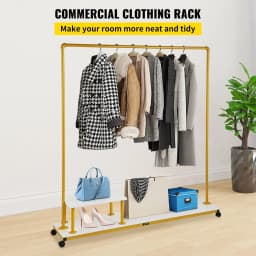 image-VEVOR Clothing Garment Rack, 59.1"x14.2"x63.0", Heavy-Duty Clothes Rack with Bottom Shelf & Side Shelf, 4 Swivel Casters, Sturdy Steel Frame, Rolling Clothes Organizer for Retail Store Boutique, Go