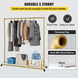 image-VEVOR Clothing Garment Rack, 59.1"x14.2"x63.0", Heavy-Duty Clothes Rack with Bottom Shelf & Side Shelf, 4 Swivel Casters, Sturdy Steel Frame, Rolling Clothes Organizer for Retail Store Boutique, Go