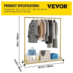 image-VEVOR Clothing Garment Rack, 59.1"x14.2"x63.0", Heavy-Duty Clothes Rack with Bottom Shelf & Side Shelf, 4 Swivel Casters, Sturdy Steel Frame, Rolling Clothes Organizer for Retail Store Boutique, Go
