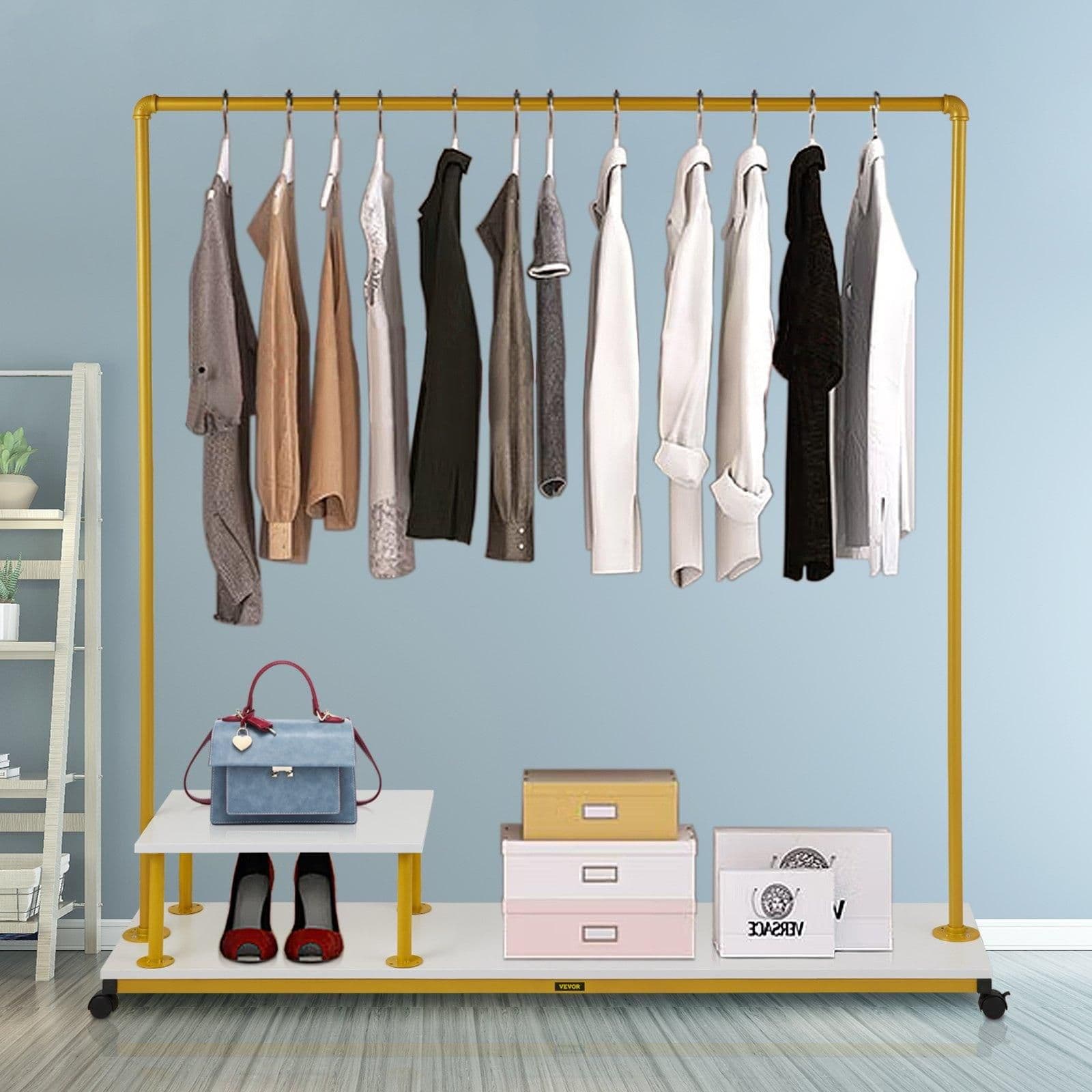 image-VEVOR Clothing Garment Rack, 59.1"x14.2"x63.0", Heavy-Duty Clothes Rack with Bottom Shelf & Side Shelf, 4 Swivel Casters, Sturdy Steel Frame, Rolling Clothes Organizer for Retail Store Boutique, Go