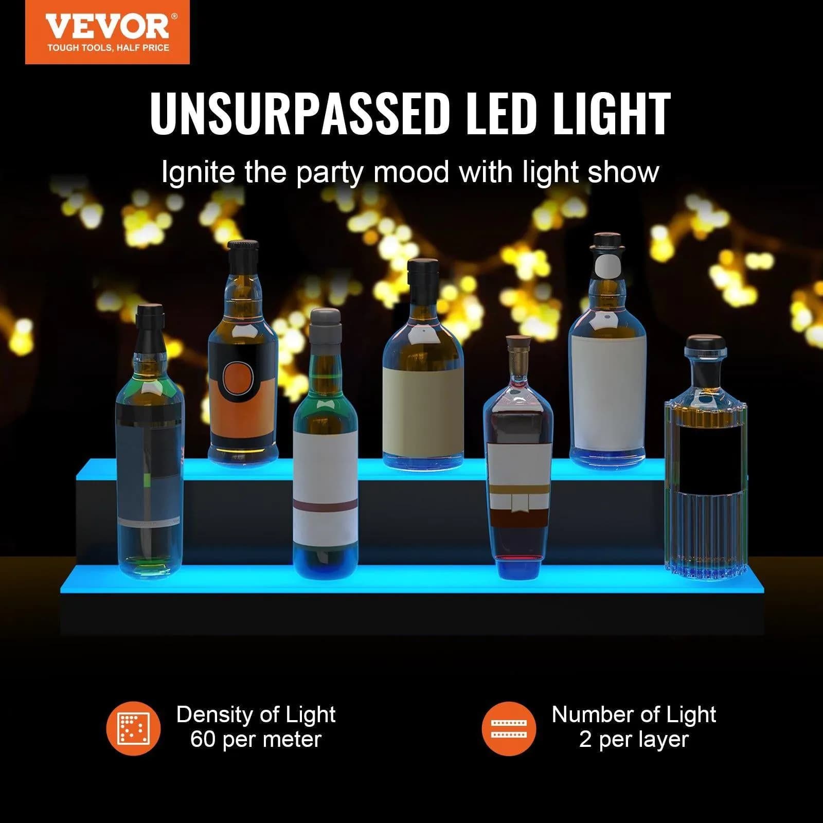 image-VEVOR LED Lighted Liquor Bottle Display, 2 Tiers 30 Inches, Illuminated Home Bar Shelf with RF Remote & App Control 7 Static Colors 1-4 H Timing, Acrylic Drinks Lighting Shelf for Holding 16 Bottles