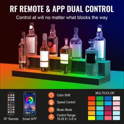 image-VEVOR LED Lighted Liquor Bottle Display, 2 Tiers 30 Inches, Illuminated Home Bar Shelf with RF Remote & App Control 7 Static Colors 1-4 H Timing, Acrylic Drinks Lighting Shelf for Holding 16 Bottles