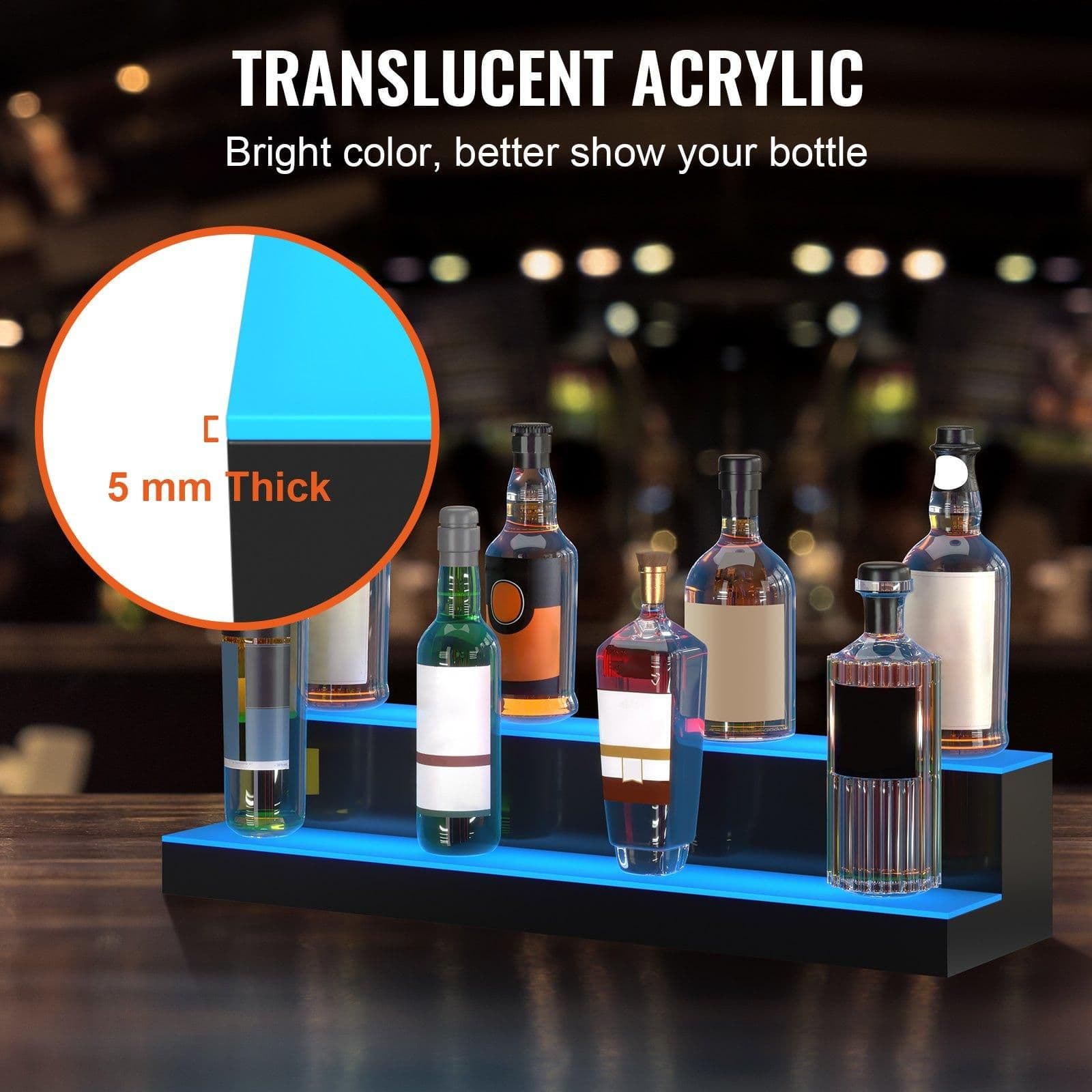 image-VEVOR LED Lighted Liquor Bottle Display, 2 Tiers 30 Inches, Illuminated Home Bar Shelf with RF Remote & App Control 7 Static Colors 1-4 H Timing, Acrylic Drinks Lighting Shelf for Holding 16 Bottles