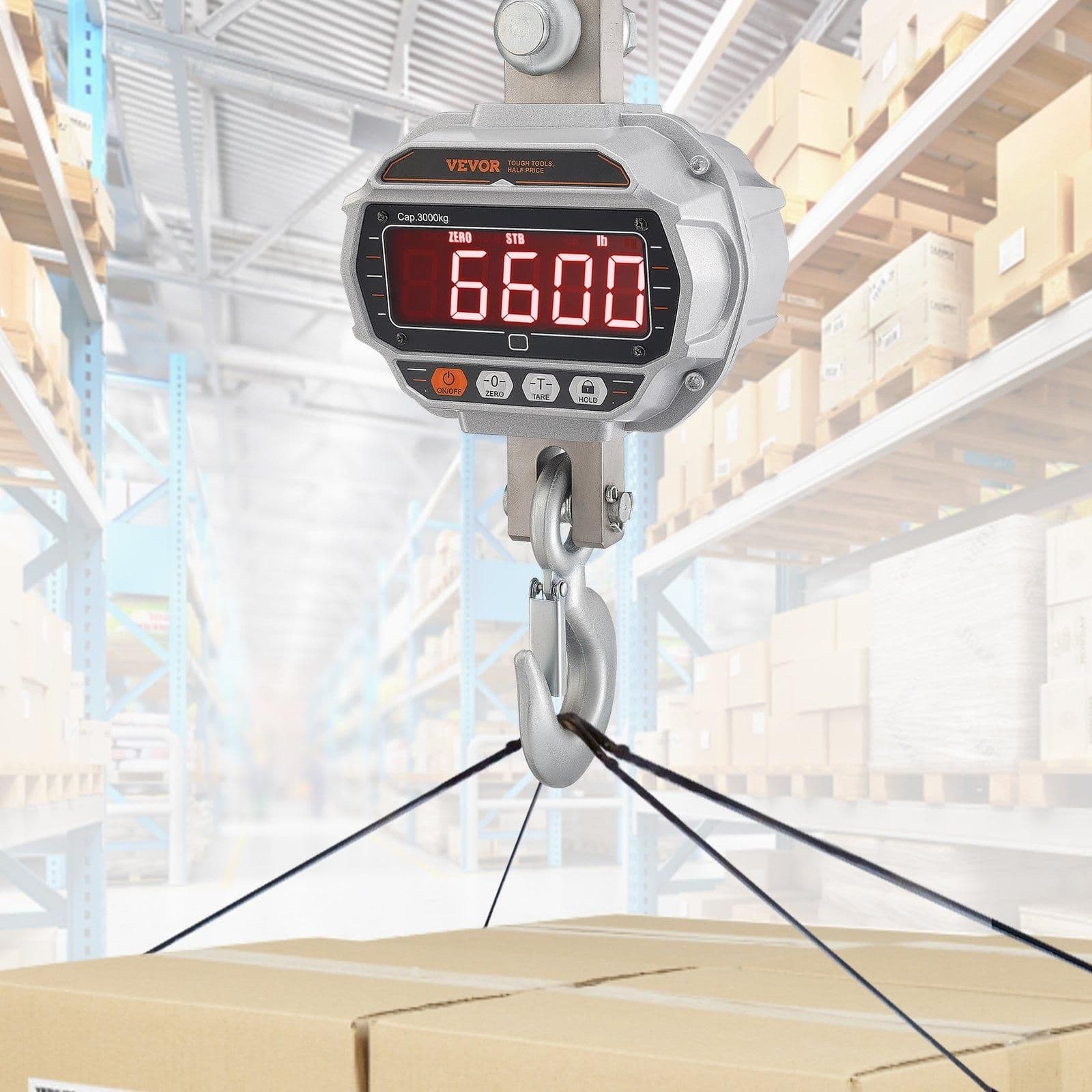 image-VEVOR Digital Crane Scale, 6600 lbs/3000 kg, Industrial Heavy Duty Hanging Scale with Remote Control, Cast Aluminum Case & LED Screen, High Precision for Construction, Factory, Farm, Hunting (Silver)