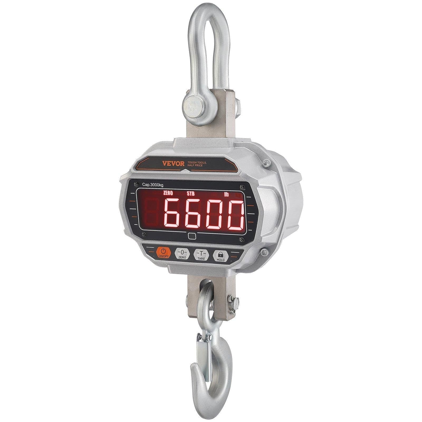 image-VEVOR Digital Crane Scale, 6600 lbs/3000 kg, Industrial Heavy Duty Hanging Scale with Remote Control, Cast Aluminum Case & LED Screen, High Precision for Construction, Factory, Farm, Hunting (Silver)