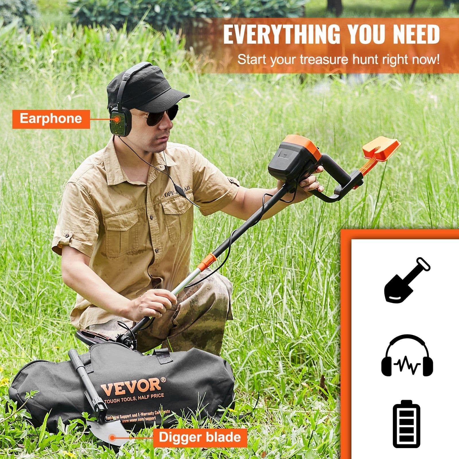 image-VEVOR Metal Detector - 8" Waterproof Coil Adjustable Stem