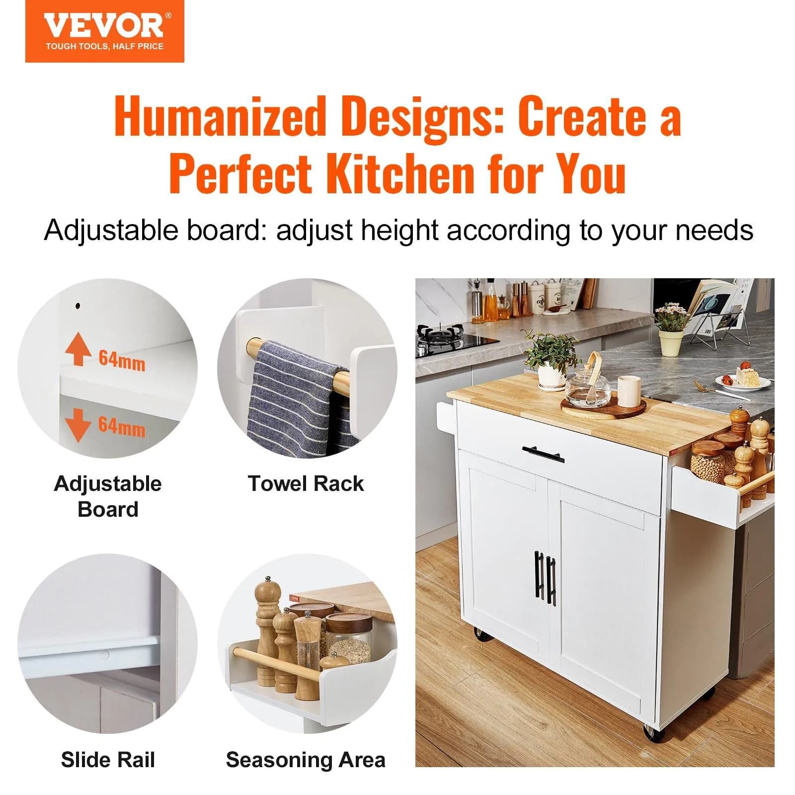 image-VEVOR Kitchen Island Cart with Solid Wood Top, 35.4" Width Mobile Carts with Storage Cabinet, Rolling Kitchen Table with Spice Rack, Towel Rack, Drop Leaf and Drawer, Portable Islands on Wheels, White