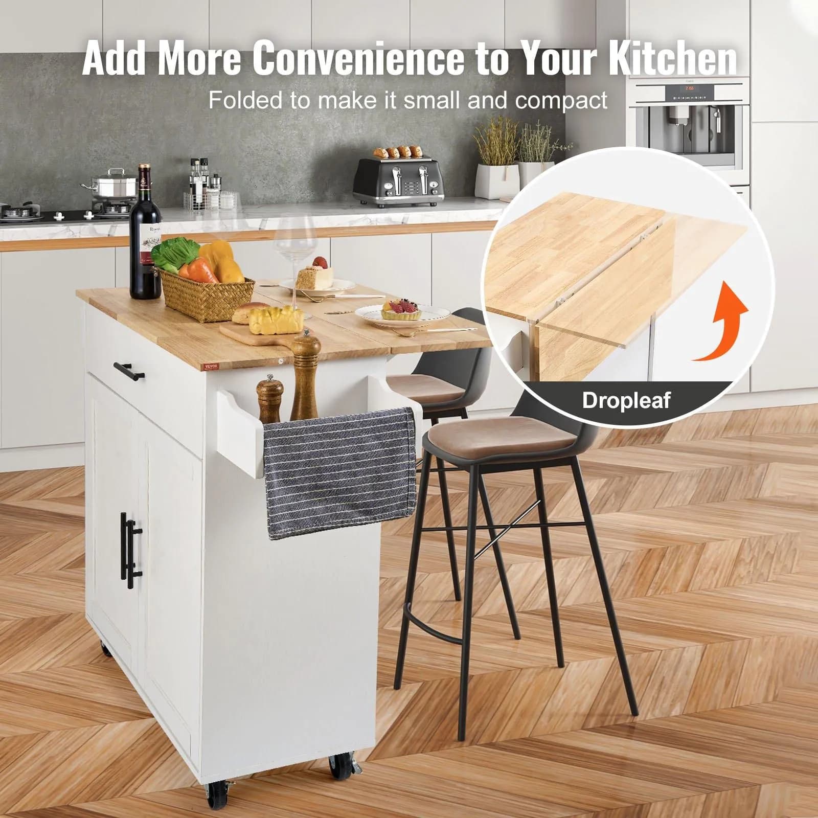 image-VEVOR Kitchen Island Cart with Solid Wood Top, 35.4" Width Mobile Carts with Storage Cabinet, Rolling Kitchen Table with Spice Rack, Towel Rack, Drop Leaf and Drawer, Portable Islands on Wheels, White