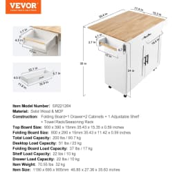 image-VEVOR Kitchen Island Cart with Solid Wood Top, 35.4" Width Mobile Carts with Storage Cabinet, Rolling Kitchen Table with Spice Rack, Towel Rack, Drop Leaf and Drawer, Portable Islands on Wheels, White