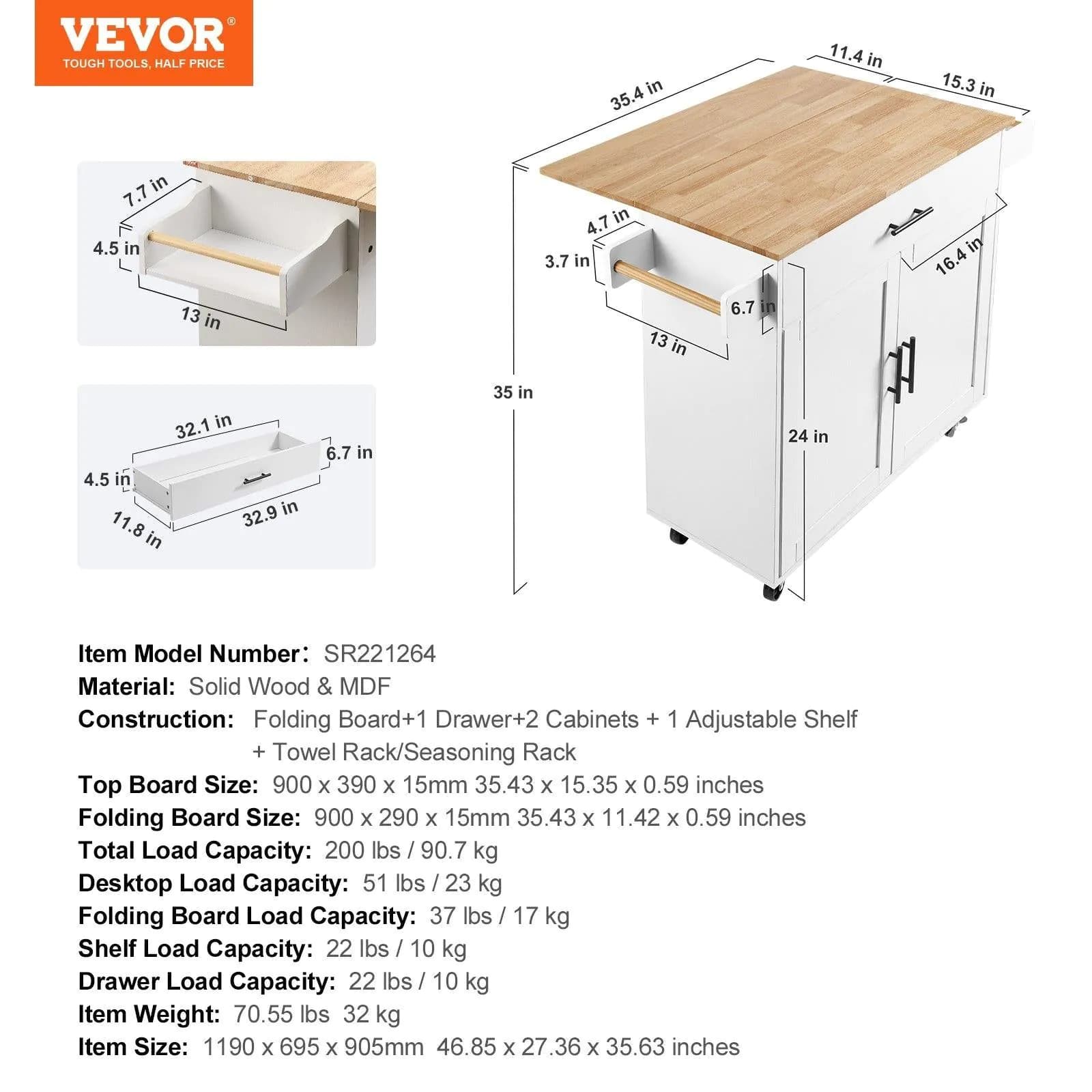image-VEVOR Kitchen Island Cart with Solid Wood Top, 35.4" Width Mobile Carts with Storage Cabinet, Rolling Kitchen Table with Spice Rack, Towel Rack, Drop Leaf and Drawer, Portable Islands on Wheels, White