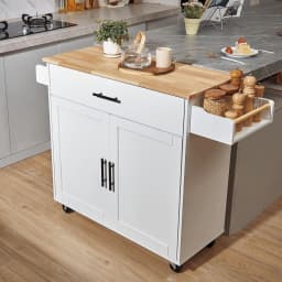 image-VEVOR Kitchen Island Cart with Solid Wood Top, 35.4" Width Mobile Carts with Storage Cabinet, Rolling Kitchen Table with Spice Rack, Towel Rack, Drop Leaf and Drawer, Portable Islands on Wheels, White