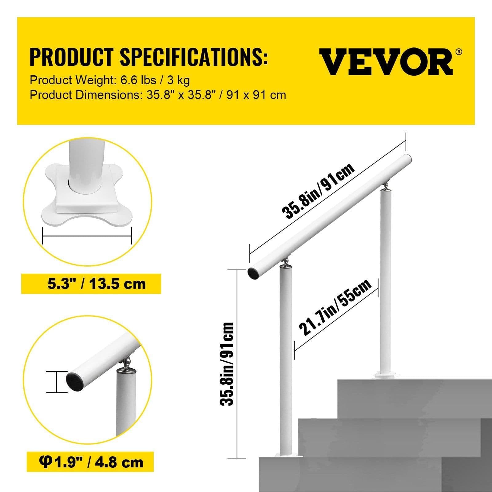 image-VEVOR Outdoor Stair Railing Kit, 3 FT Handrails 2-3 Steps, Adjustable Angle White Aluminum Stair Hand Rail for The Elderly, Handrails for Outdoor Steps