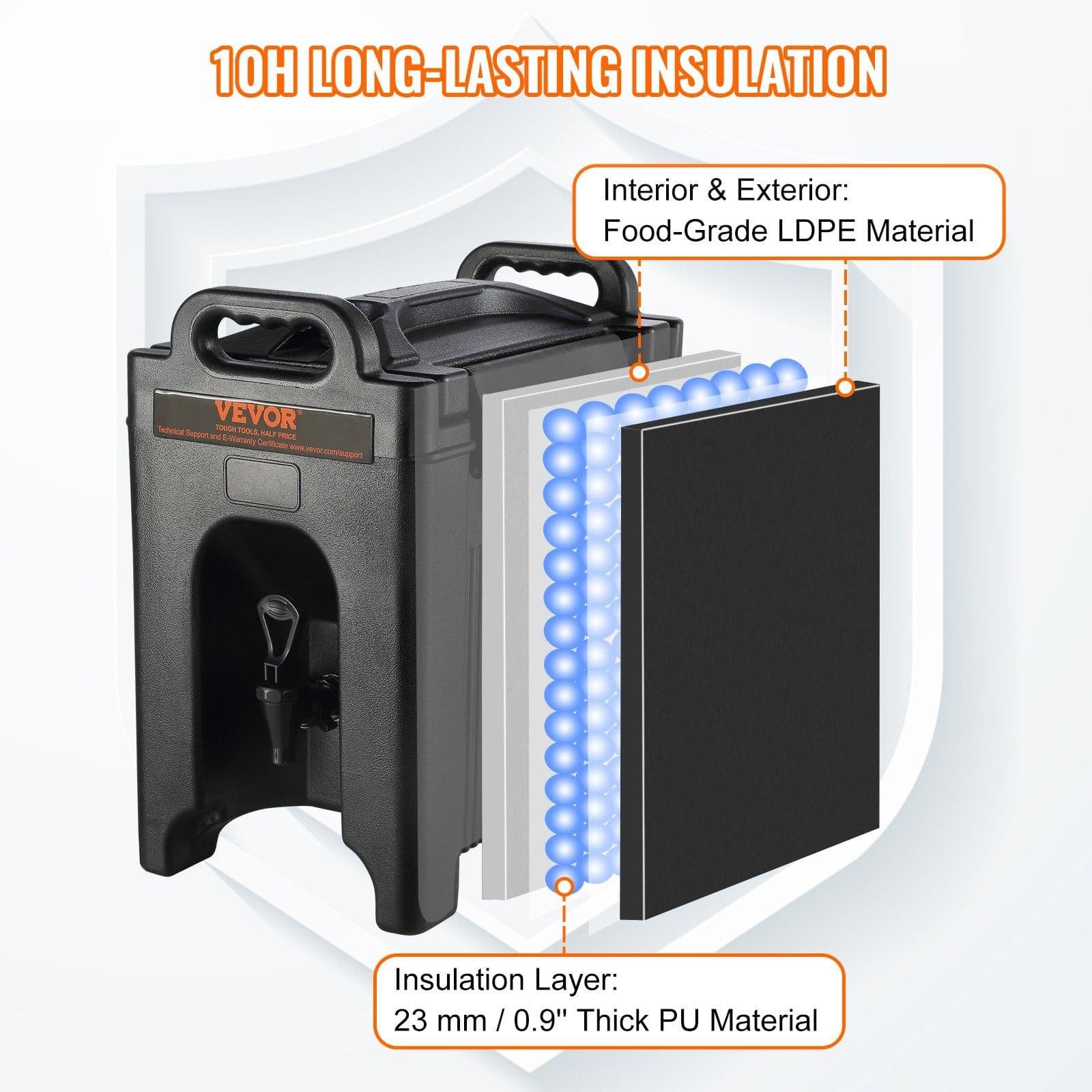 image-VEVOR Insulated Beverage Dispenser, 2.5 Gallon, Food-grade LDPE Hot and Cold Beverage Server, Thermal Drink Dispenser Cooler with 0.9 in PU Layer Two-Stage Faucet Handle, for Restaurant Drink Shop