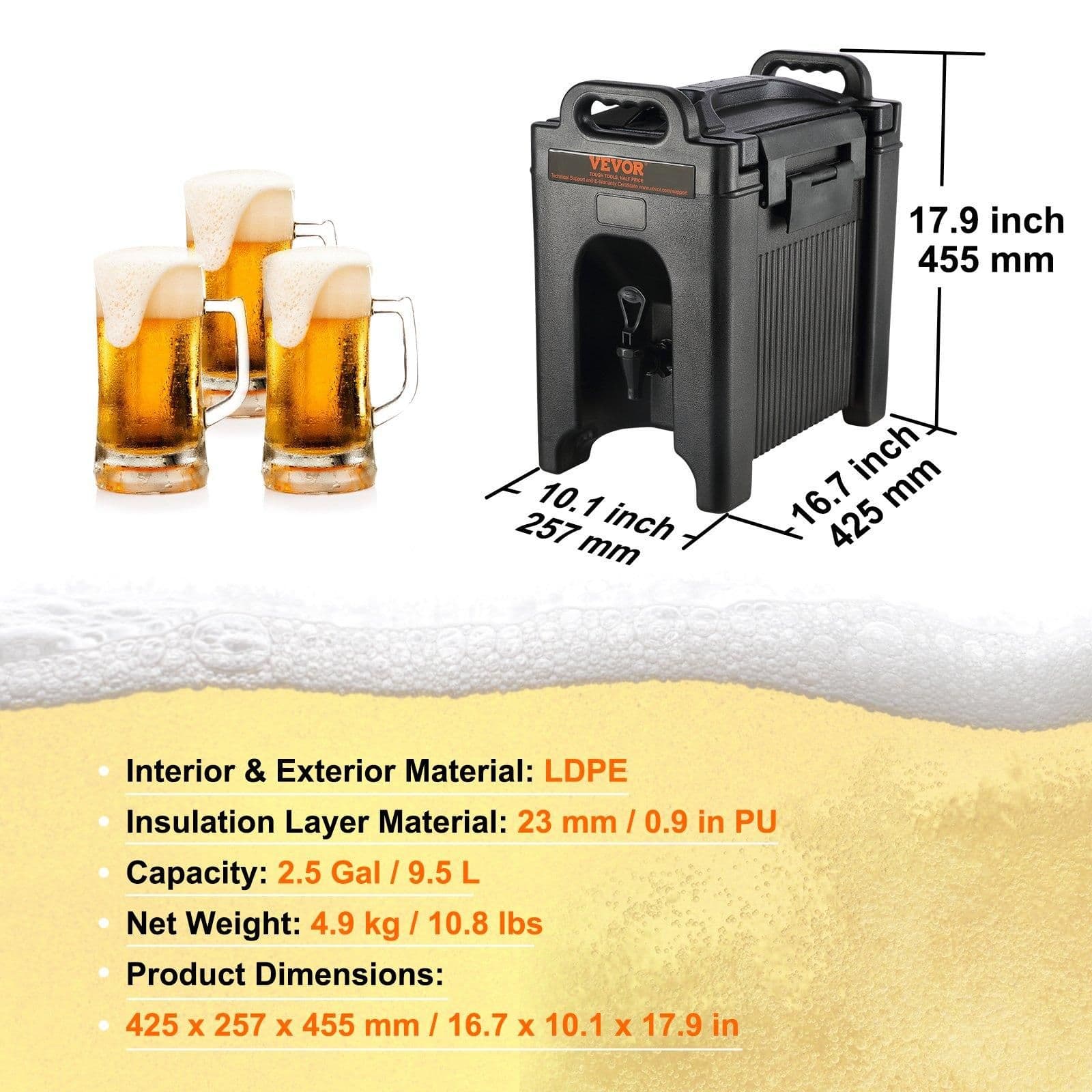 image-VEVOR Insulated Beverage Dispenser, 2.5 Gallon, Food-grade LDPE Hot and Cold Beverage Server, Thermal Drink Dispenser Cooler with 0.9 in PU Layer Two-Stage Faucet Handle, for Restaurant Drink Shop