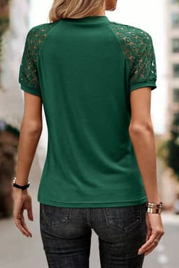 image-Khaki Contrast Lace Raglan Sleeve Tee - Casual Short Sleeve Top