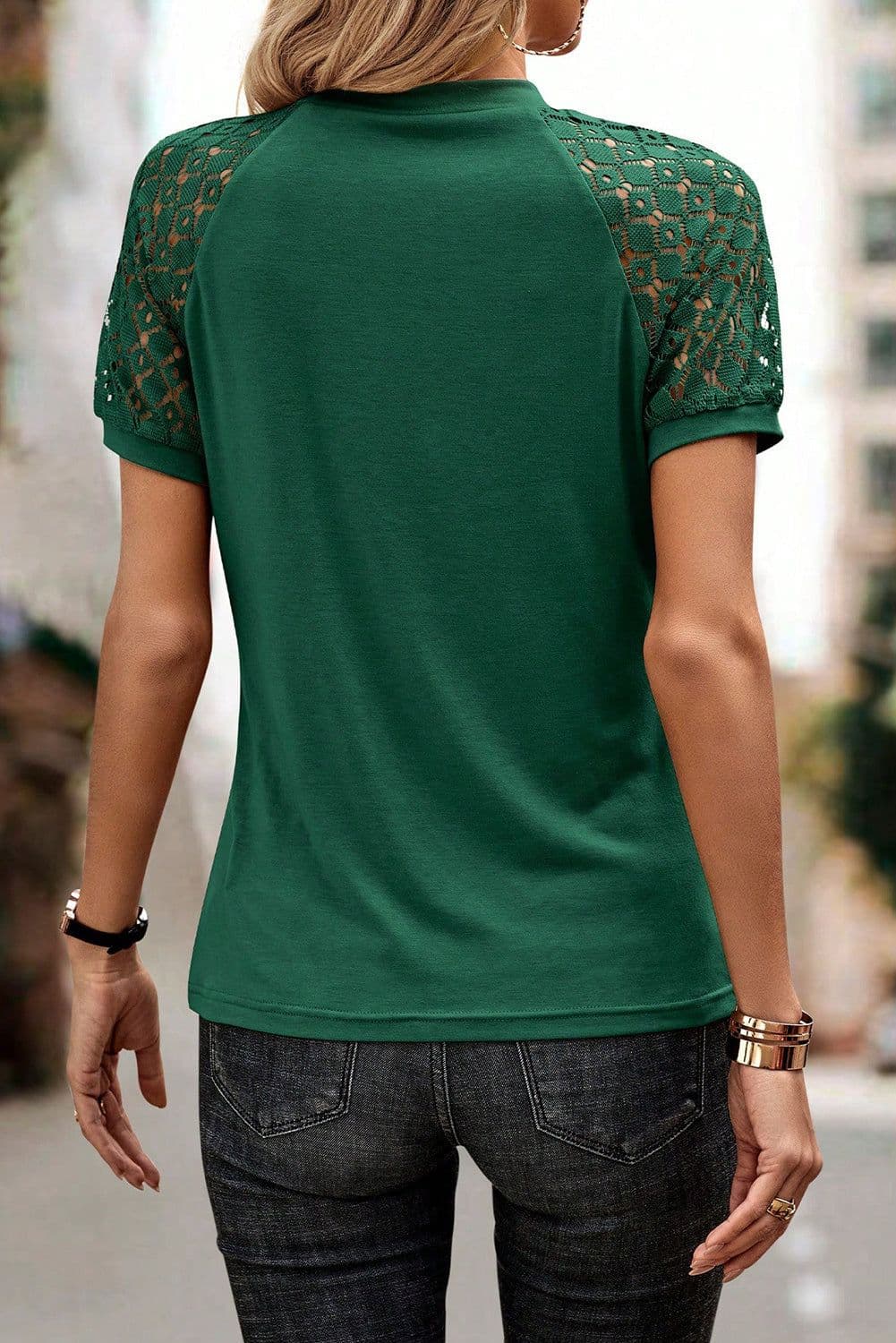 image-Khaki Contrast Lace Raglan Sleeve Tee - Casual Short Sleeve Top