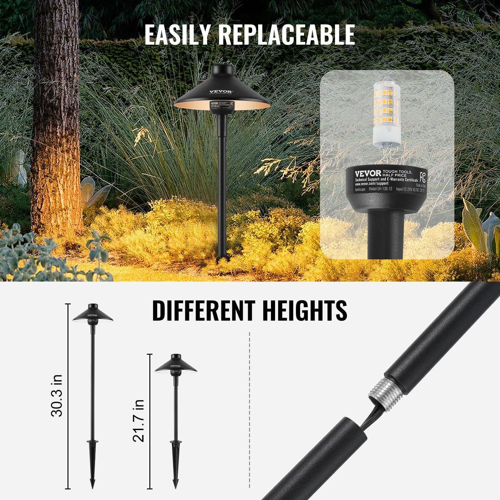 image-VEVOR 12 Pack Low Voltage Landscape Path Lights, 3W 210LM 12V-24VAC/DC Outdoor LED Pathway Lighting, 3000K Warm White Walkway Lights with Quick Connectors, IP66 Waterproof for Yard Garden Sidewalk